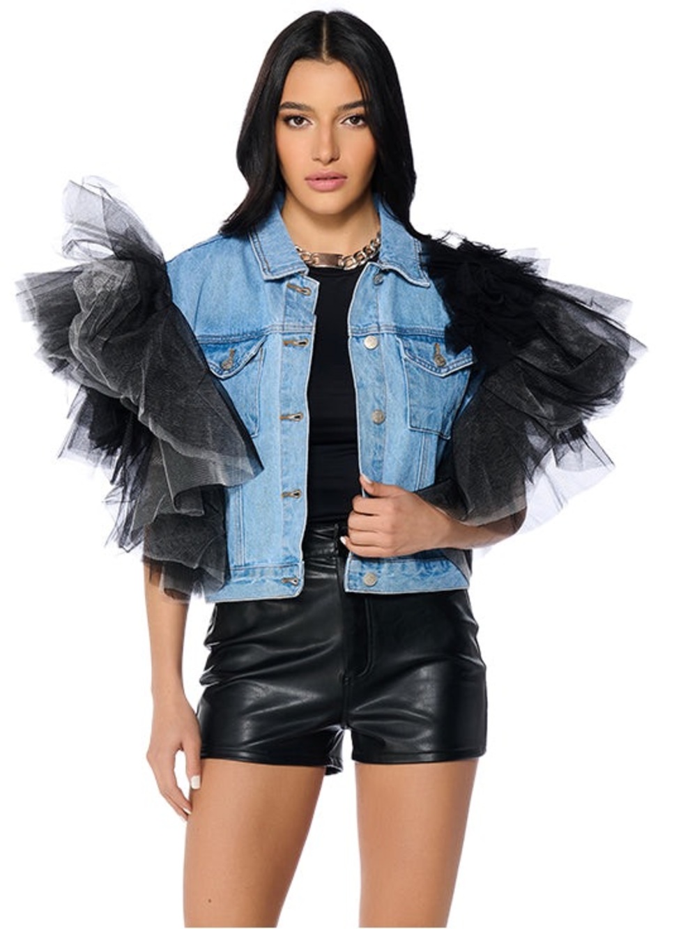 AKIRA Blue Denim Jean Jacket with Black Tulle Ruffled Sleeves - Picture 5 of 11